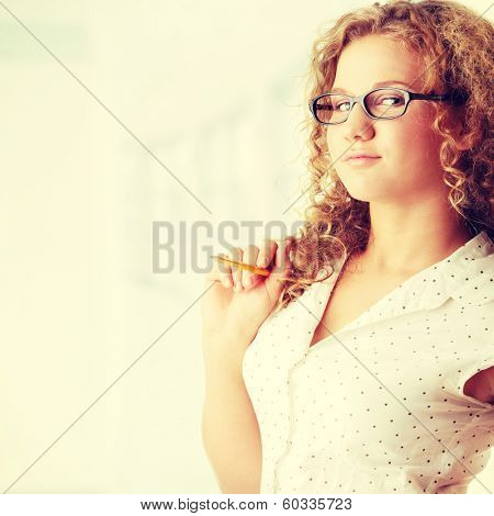 Beautiful corpulent caucasian student girl isolated on white background 
