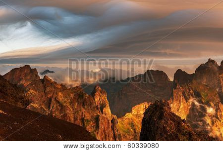 Pico Ruivo and Pico do Areeiro mountain peaks in  Madeira, Portugal