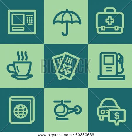 Travel web icon set 4, green square buttons set