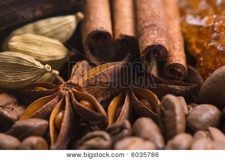 Aroma Kaffee. Zutaten. Coffe Beens, Anis, Vanille, Zimt, Zucker