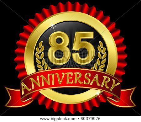 85 years anniversary golden label with ribbons, vector illustration