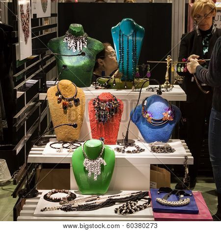 Necklaces On Display At Mipap Trade Show In Milan, Italy