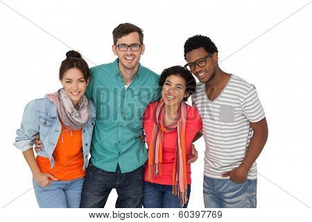 Portrait of four happy young friends standing over white background