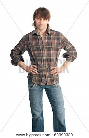 Casual Young Man In Plaid Shirt Isolated On White Background