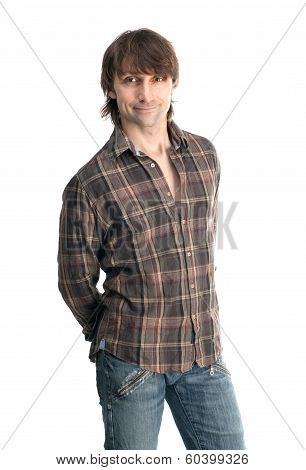Casual Young Man In Plaid Shirt Isolated On White Background