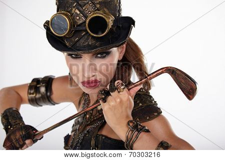 Steampunk woman golf player