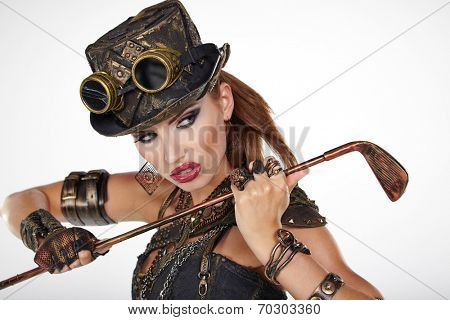 Steampunk woman golf player