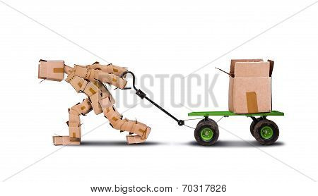Box character pulling a trolley with a heavy large box isolated on white background
** Note: Shallow depth of field