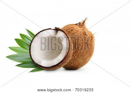 Coconut with palm leaves isolated on white.
