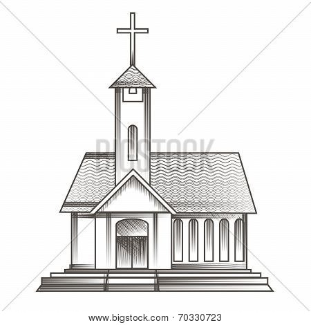 church drawn in engraving style