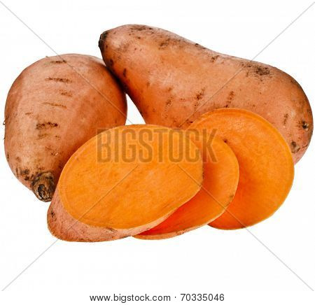 Sweet potatoes with slices isolated on white background