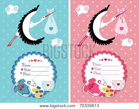 Baby shower invitations .Newborn set with stork