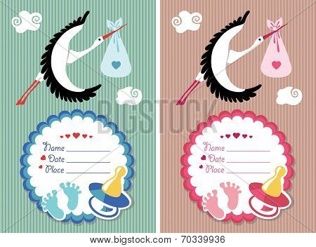Baby shower invitation with stork.Newborn set