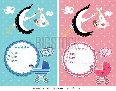 Baby shower card,invitation with stork ,European girl,boy