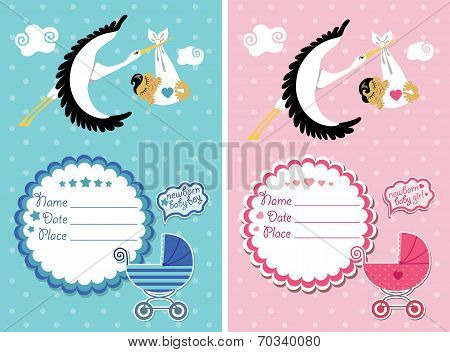 Baby shower card,invitation with stork ,Asian girl,boy