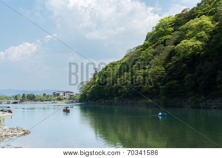 KYOTO, JAPAN - APRIL 26th  : Boats in Hozu(Katsuragawa) River in Arashiyama in Kyoto, Japan on 26th April 2014.