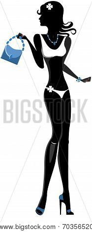 Black Woman in a Swimsuit with a Handbag. Silhouette.Vektor