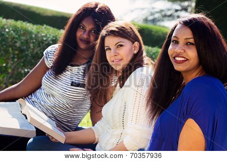 Girls Studying Their Bibles At The Park