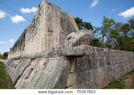 Mayan Snake Head Sculpture On Ball Court