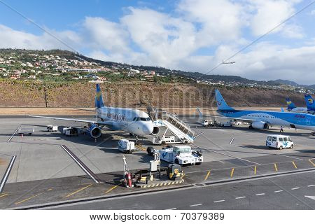 Planes Waiting For Passengers At The Airport Of Funchal At Madeira, Portugal