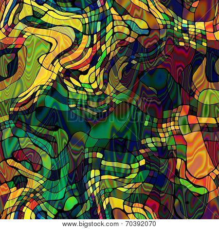 art abstract colorful chaotic waves seamless pattern in Klimt style; background in green, old gold, blue and red colors
