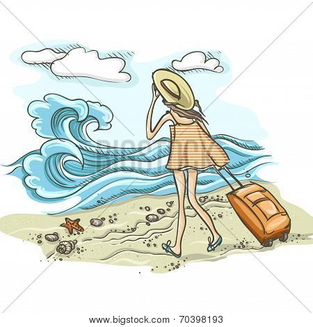 Woman With Suitcase On The Beach