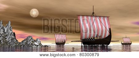 Drakkars or viking ships - 3D render