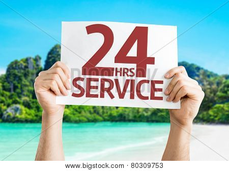 24 Hrs Service card with a beach on background