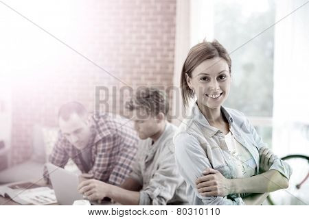 Portrait of student girl at home with roommates