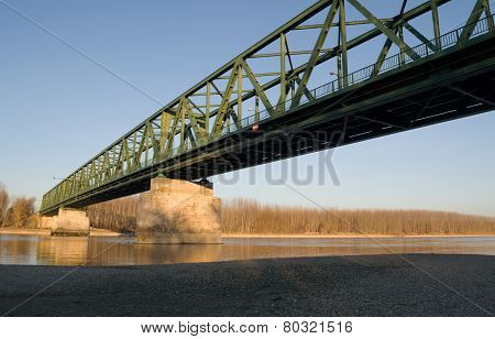 Vamosszabadi, Hungary - February 13, 2014: The Vamosszabadi Bridge Over Danube River