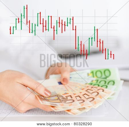 business, people and finances concept - close up of woman hands holding euro money over gray background with forex chart