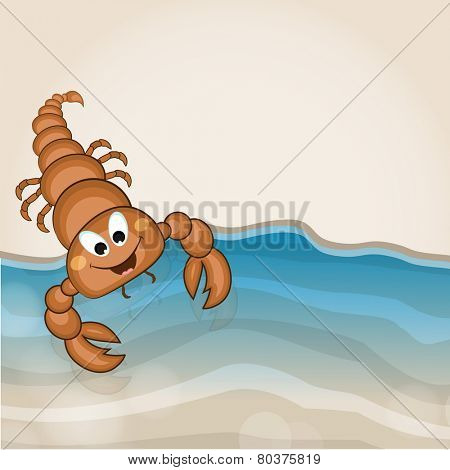 Cartoon of a funny scorpion with water wave on stylish background.