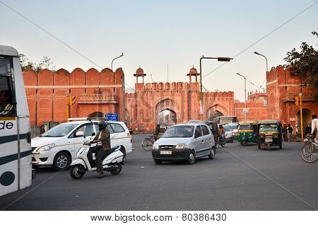 Jaipur, India - December 29, 2014: People Visit Sanganeri Gate Of Jaipur