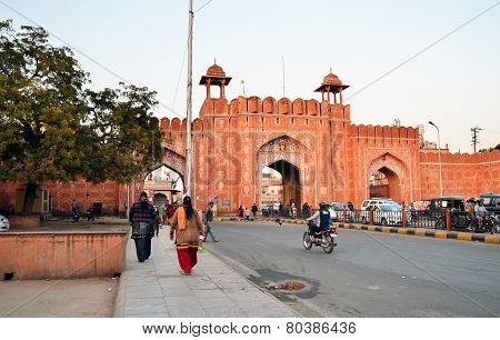 Jaipur, India - December 29, 2014: People Visit Sanganeri Gate Of Jaipur