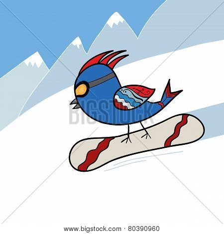 bird on snowboard