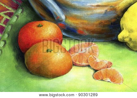 Red mandarin painted in oil on canvas.