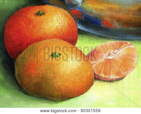 Two red mandarin and tangerine peeled part.