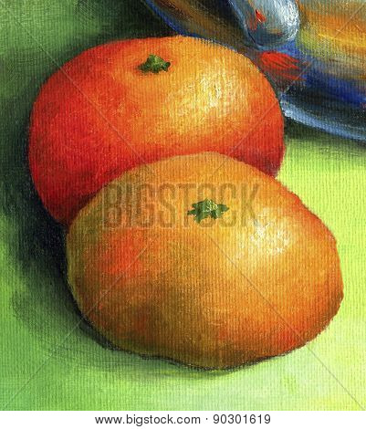 Two bright red mandarin, painted in oil on canvas.