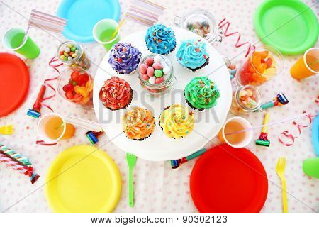 Prepared birthday table with sweets for children party
