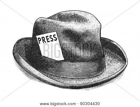 Vintage engraving styled digital illustration of a fedora hat with a press card.