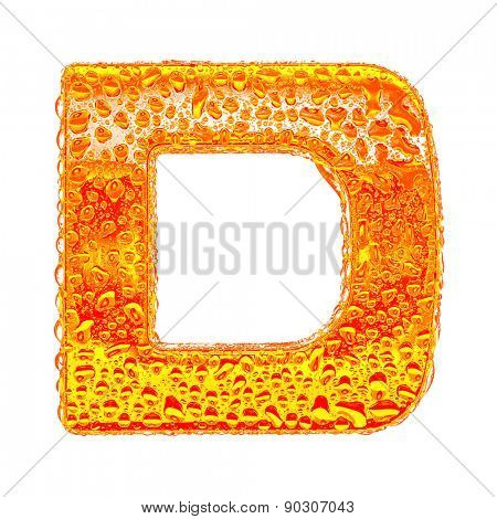 Fresh Orange alphabet symbol - letter D. Water splashes and drops on transparent glass - color of brandy , cognac, liquor, cola, beer or tea. Isolated on white