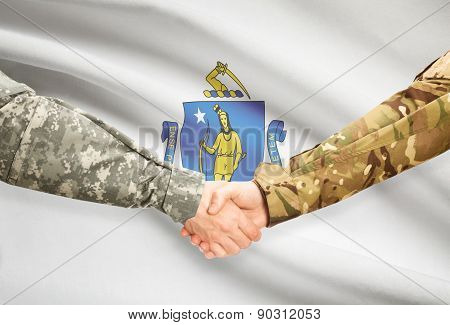 Military Handshake And Us State Flag - Massachusetts
