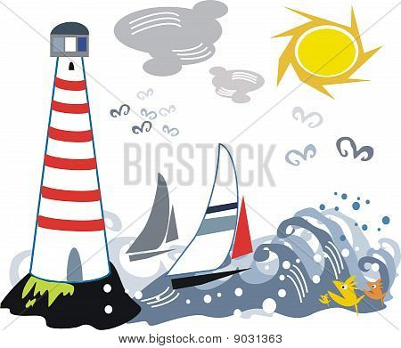 Stormy sea yacht cartoon