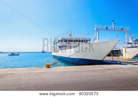 Empty ferry in typical Greek blue white colors