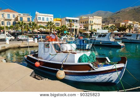 Colorful wooden boats in cosy Greek port