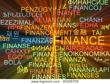 Background concept wordcloud multilanguage international many language illustration of finance glowing light