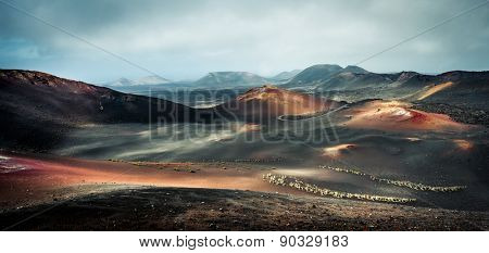 beautiful mountain landscape with volcanoes in Timanfaya National Park in Lanzarote, Canary Islands