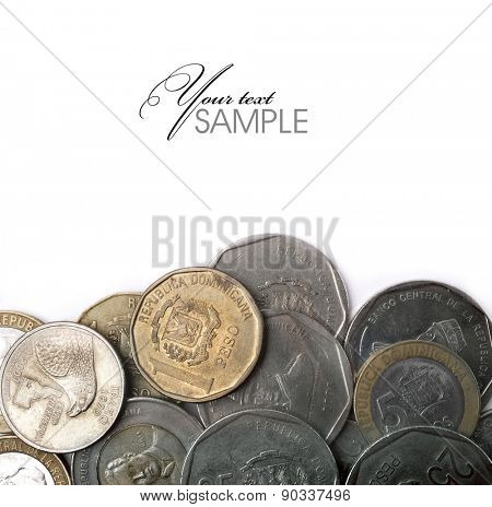 Coins of the Dominican Republic. Dominican national coat of arms depicted in the Dominican one peso coins.
