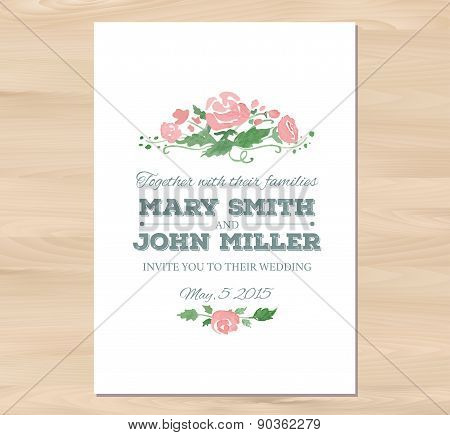Vector wedding invitation with watercolor flowers and typographic elements.