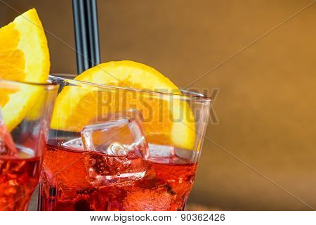 Spritz Aperitif Aperol Cocktail With Orange Slices And Ice Cubes With Space For Text